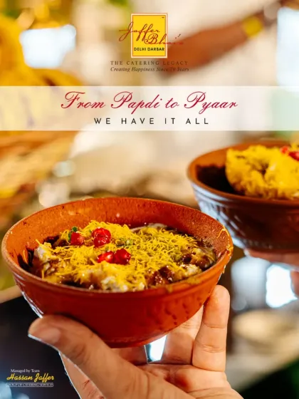 From Papdi to Pyaar, we have it all at our chaat counter. A hand holds a traditional clay bowl filled with freshly made, vibrant chaat, a perfect blend of tangy, spicy, and sweet.