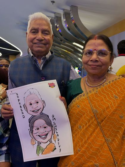An elderly couple with their fun caricature at a family event. It's a heartwarming way to celebrate their bond.
