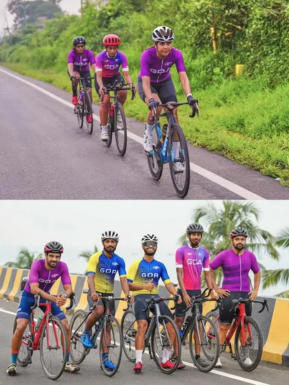 A look at both the action and the camaraderie of a cycling team. The top panel shows the team riding in formation, while the bottom shows a candid moment of rest, capturing the full story of a team's journey.