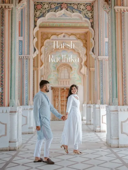 Walking hand-in-hand through the colorful corridors of Patrika Gate in Jaipur. This location is a favorite for pre-wedding shoots, and we know how to capture its beauty without it overpowering the couple's story.