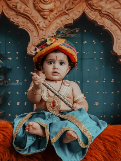 Our little Kanha stealing hearts, not butter. The rich, warm tones of this setup create a regal feel.