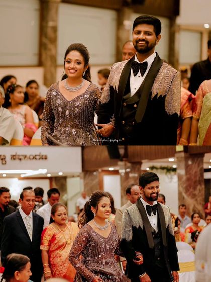 A collage showing the couple's reception entrance from different angles, capturing both the formal procession and their interactions with guests.