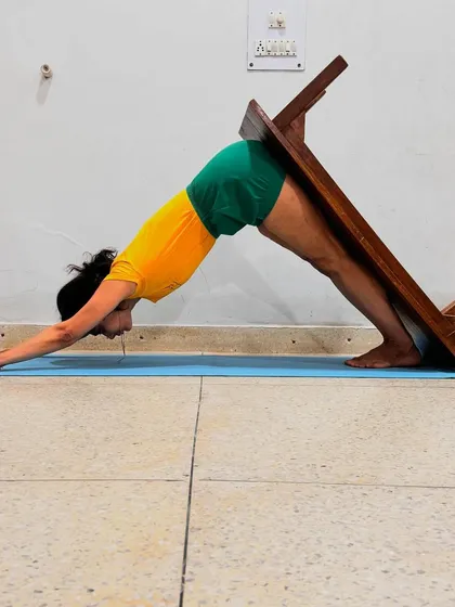 This is Adho Mukha Svanasana with the legs supported by an overturned bench. We are all human beings, created as one. The methods of spiritual development are for the evolution of individuals throughout the world. Look to the essence, not the name.