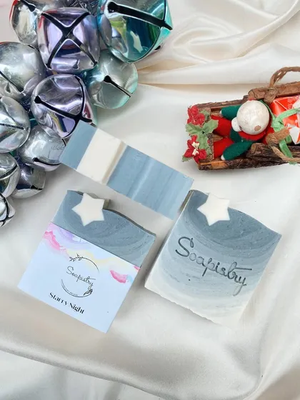 My Starry Night soap, with a simple yet elegant design perfect for winter gifting. The deep blues and grays are reminiscent of a clear winter night.