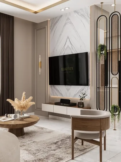 A 3D render of a family lounge area. The design includes a TV wall with a book-matched marble pattern and a stylish metal and cane partition that adds a natural, airy element to the space.