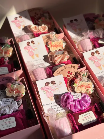 More variations of my budget-friendly bridesmaid hampers. This set includes Colorbar nail polish and wipes for a little beauty treat.