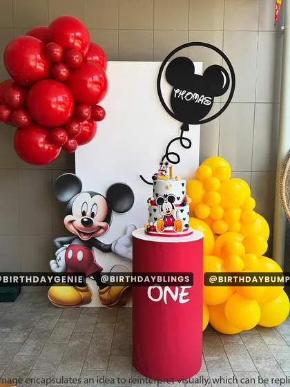 A modern and minimalist Mickey Mouse first birthday, focusing on a themed cake table. The red plinth, yellow balloons, and Mickey silhouette name sign create a stylish look.
