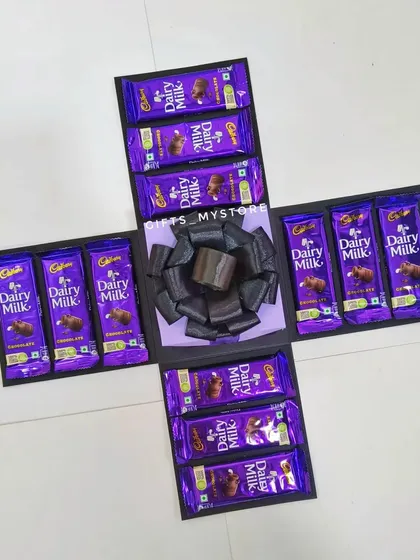 A top-down view of the budget-friendly Dairy Milk explosion box, showing the neat arrangement of chocolates.