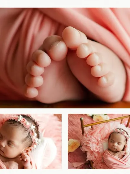 A collage celebrating the tiny details of a newborn. From her peaceful face to her ten little toes, we document every precious feature during her first month photoshoot.