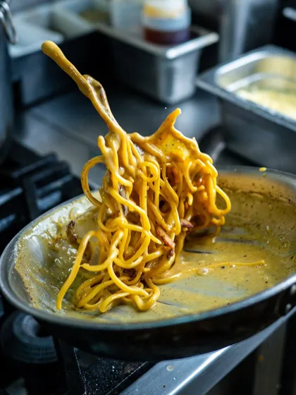 A frozen-action shot of the pasta toss, capturing the noodles mid-air. This is a more dramatic version that freezes the most exciting moment.