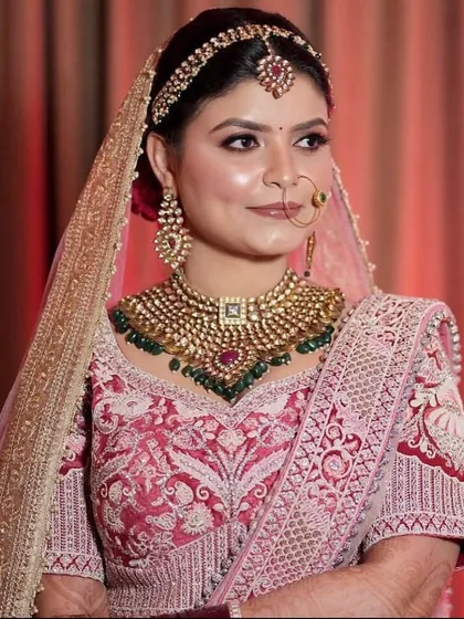 A breathtakingly beautiful bride in a pink lehenga, wearing a heavy kundan and ruby choker set.