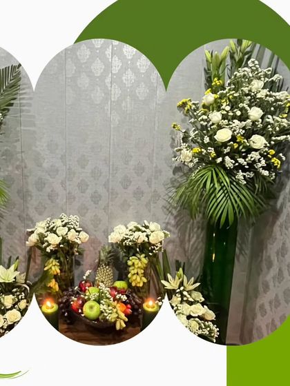 A collage of the beautiful floral decor and fruit displays I arranged for a housewarming party, creating a welcoming and elegant ambiance.