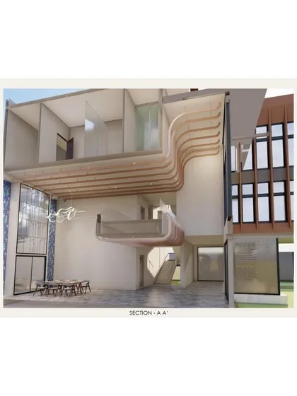 A sectional drawing of a WAF-shortlisted residential project by N G Associates, showing a dramatic double-height space with a sculptural, curving bridge.