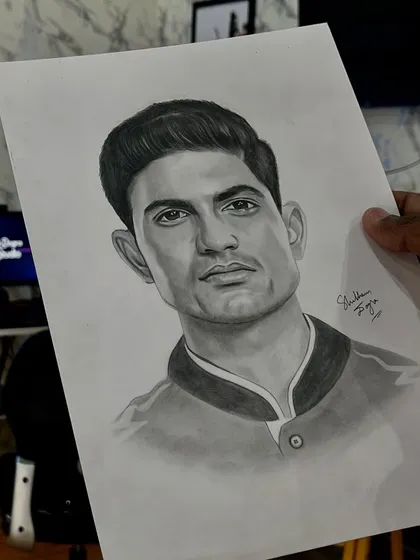 A custom pencil portrait of the talented Shubman Gill. This sketch highlights his sharp features and calm demeanor, making it a great piece for any fan of the next generation of cricket stars.
