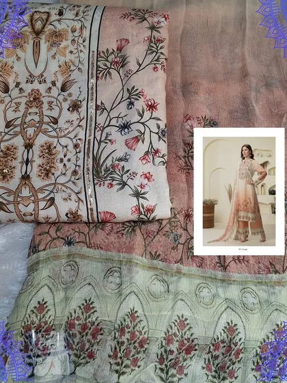 A beautiful peach and green dress material with a floral digital print. The soft muslin fabric and the elegant design make it a perfect choice for a summer day out.