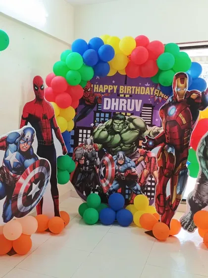 A wide shot of the Avengers decoration, showing how it transforms the party space.