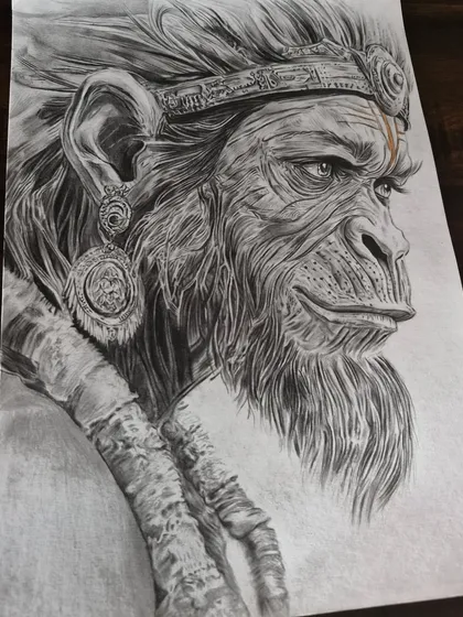 A hyper-realistic portrait of Hanuman ji, focusing on the intense expression and detailed texture of his face and hair.