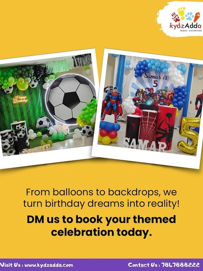 From balloons to backdrops, I turn birthday dreams into reality. This image shows two popular themes, a soccer party and a superhero bash, highlighting the custom decorations I can provide.