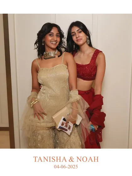 Two guests looking elegant at a sangeet celebration. Our photo booth captures the beauty of traditional Indian wear with high-quality lighting and clarity.