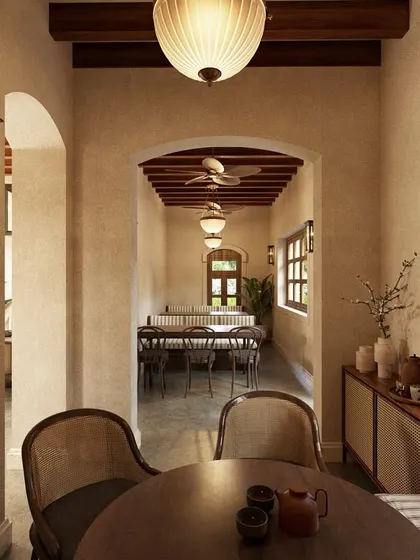 An intimate nook within the Alibaug café, designed to evoke a sense of calm and warmth. Through the use of arched doorways and earthy textures, we created a series of interconnected spaces that feel both cozy and open, inviting quiet moments.