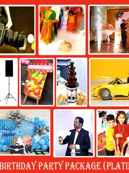 To make your child's first birthday truly spectacular, we offer all-inclusive party packages. This collage showcases our Platinum package, which covers everything from themed decorations and a chocolate fountain to professional photography and entertainment.