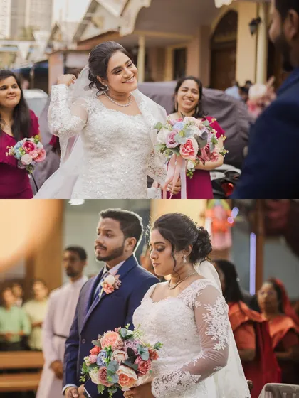 Moments from the church ceremony. The bride looks happy and beautiful as she stands with her groom at the altar.