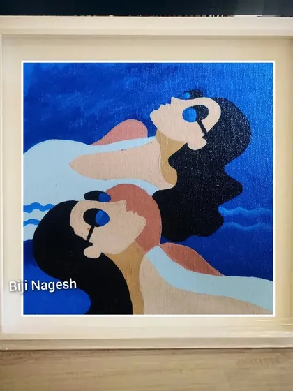 This modern figurative painting captures a simple, lazy beach day between friends. For me, art is about these small moments of connection and joy, a celebration of friendship that can brighten any wall.