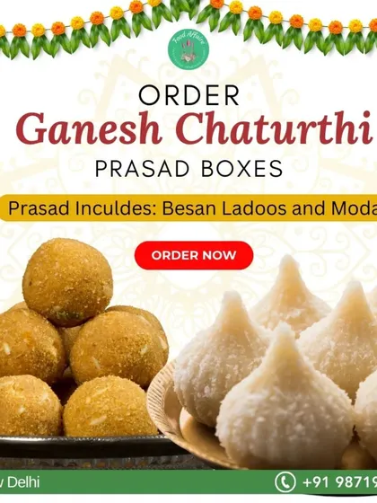 Welcome Ganpati Bappa with our special prasad boxes. This box contains our delicious Besan Ladoos and Modaks, made fresh for the festival.
