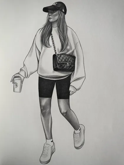 A quick outfit sketch done in charcoal. Sometimes I love to just draw for fun, capturing the style and attitude of a pose in a simple, elegant form.