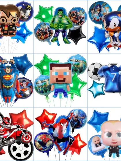 A catalogue of various character foil balloon sets for boys, including Harry Potter, Hulk, Superman, Spiderman, and Boss Baby.