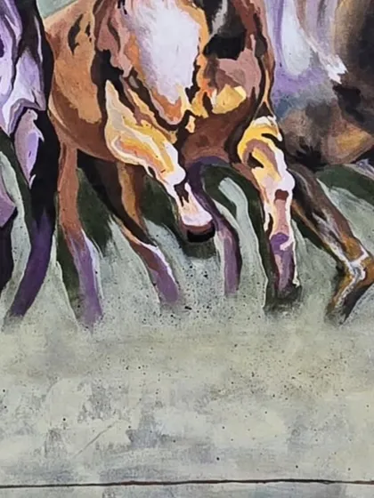 This close-up captures the raw power in the horses' movement. The abstract style allows the energy to take center stage.