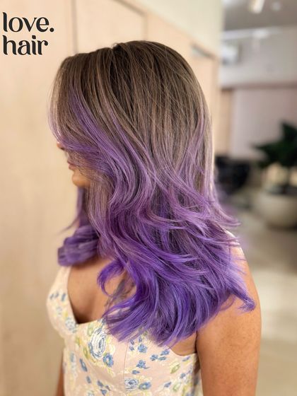 Another angle of the ash brown and purple look, showing the beautiful contrast between the cool brown and the vibrant violet.