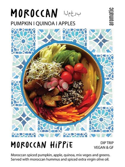 Our Moroccan Hippie bowl is an aromatic blend of spiced pumpkin, apple, and quinoa over a bed of fresh greens. We serve it with a dollop of Moroccan hummus and a drizzle of spiced extra virgin olive oil.