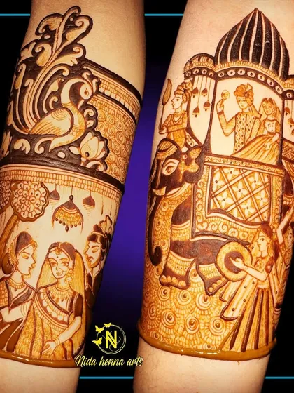 A design showcasing the start of a bridal story, with a Baarat concept on one arm and a bride with her parents on the other.