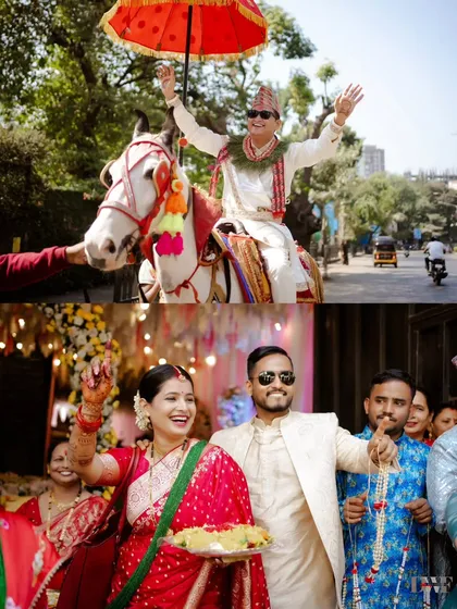 A collage showing the groom's grand baraat on a horse and the couple's joyful entrance at the reception.