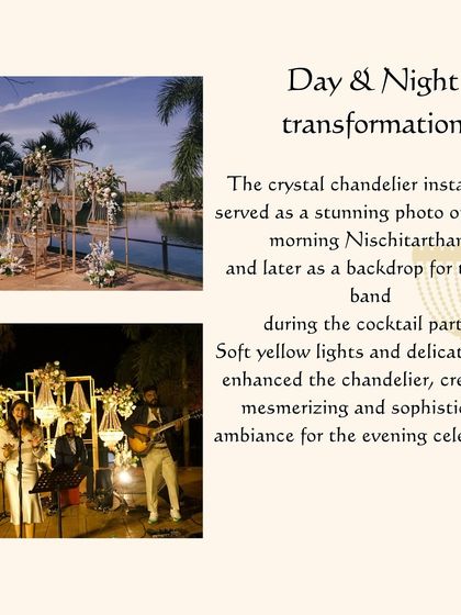 This graphic shows the day-to-night transformation of a crystal chandelier installation, which served as both a photo op and a backdrop for the live band.