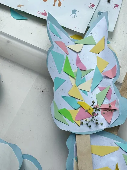 This Easter bunny craft was a quieter activity at the party. Using paper scraps and natural elements helps children practice their pincer grasp and express their creativity.