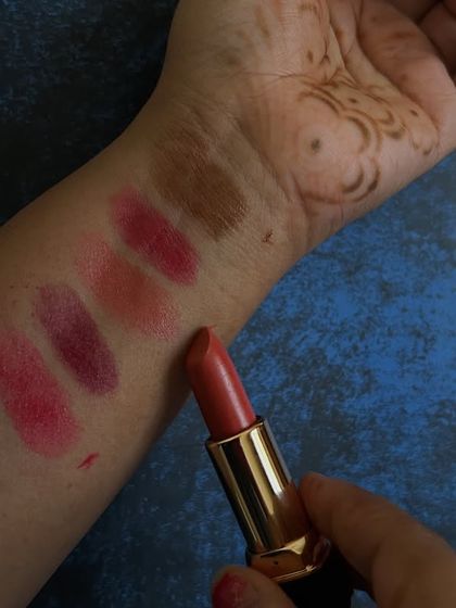 Swatches of my five basic lipstick shades. This is the Nude Pink, a beautiful and versatile color for everyday wear, swatched alongside Red, Maroon, Pink, and Brown.