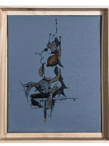 Another abstract work in a similar style, featuring a playful arrangement of lines and shapes that suggest a figure or creature. These smaller, experimental pieces allow me to explore different creative avenues.