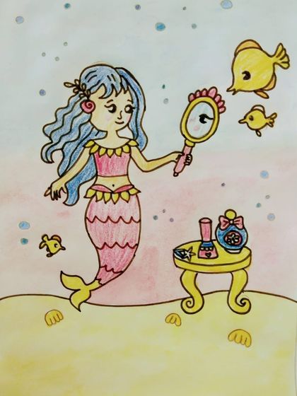 This charming mermaid illustration was also done in one of my online watercolour classes for juniors. They learn to create characters and build a scene around them.