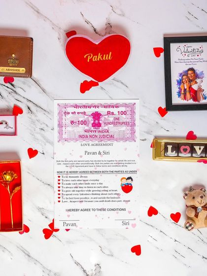 The ultimate 8-day Valentine's gift series. This combo includes eight individually wrapped gifts, from a golden rose and couple's rings to a personalized wallet and a fun "love agreement".