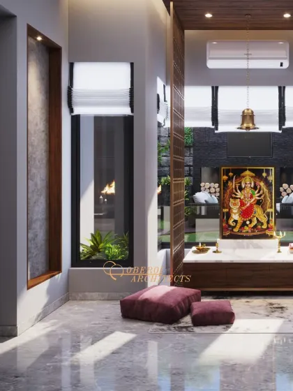 A detail shot focusing on the simple yet elegant altar, with a brass bell and comfortable seating cushions on a marble floor.