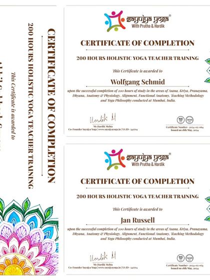 A collage of certificates for our international and local graduates of the 200-hour YTTC.