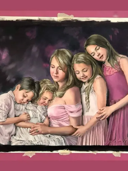 A touching family oil portrait of a mother with her four children, commissioned by a client from the United States.