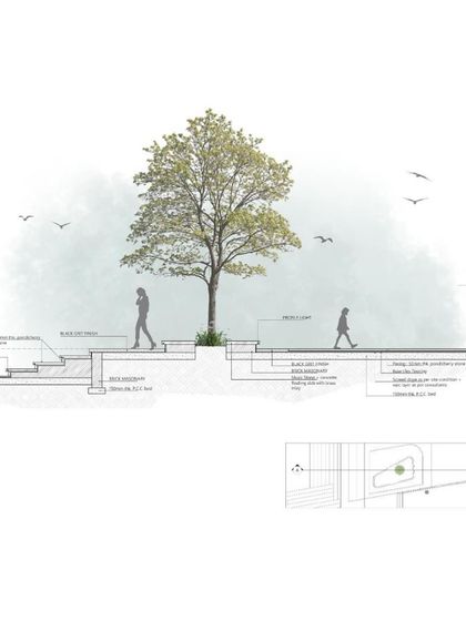 A detailed architectural section drawing of Project Priyam. This technical drawing showcases the meticulous planning of steps, pathways, and material specifications that underpins the minimalist design.