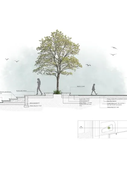 A detailed architectural section drawing of Project Priyam. This technical drawing showcases the meticulous planning of steps, pathways, and material specifications that underpins the minimalist design.
