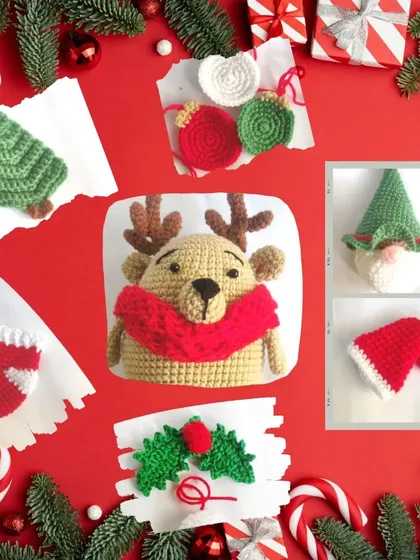 A collage of my handmade Christmas goodies, from ornaments like trees and stockings to my festive reindeer amigurumi. Everything you need to make your holiday season extra special and handmade.