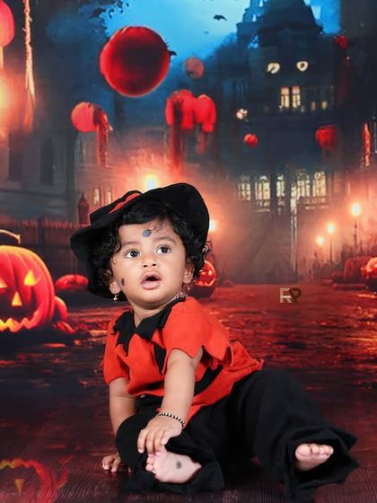 A baby in a witch hat sits on the floor during a Halloween-themed shoot. The dramatic lighting and spooky background create a perfect atmosphere for some cute and creepy fun.