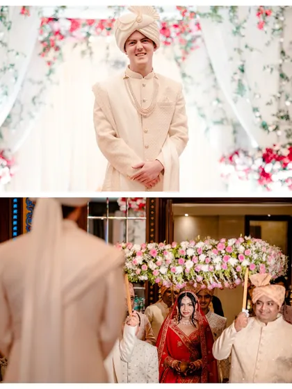 A diptych showing a classic portrait of the groom and a beautiful shot of the bride's entrance. This pairing tells a story of anticipation and arrival.