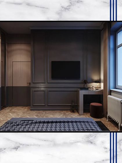 Indulge in opulence and unlock the door to your dream abode. This bedroom rendering showcases a dark, moody aesthetic with classic wall paneling and a comfortable, stylish layout.